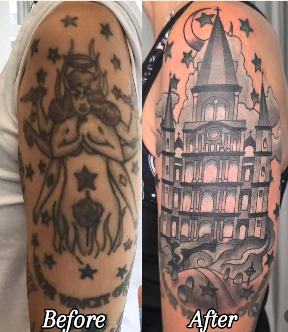 Before and after of a demon lady tattoo covered by a spooky church tattoo
