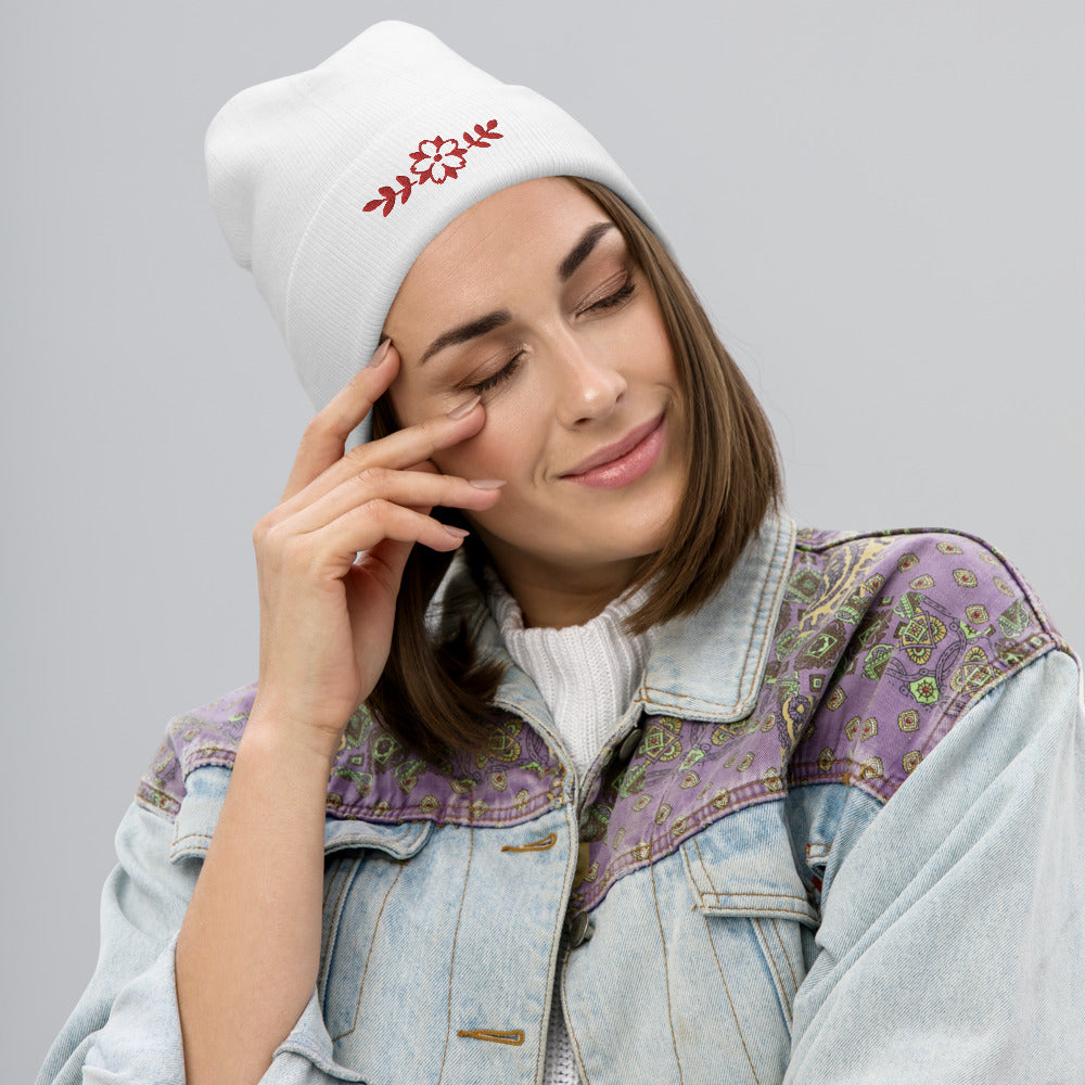 Embroidered Cherry Blossom Beanie